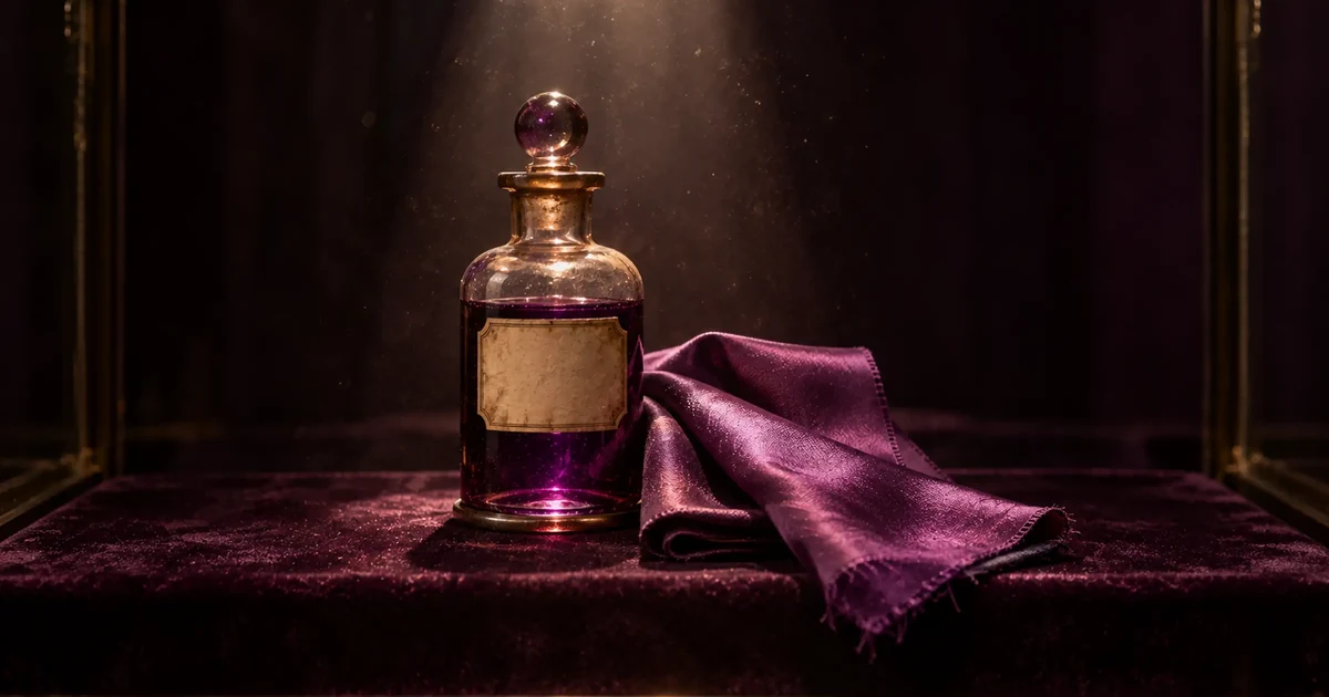 Frasco antiguo de vidrio con tinte malva junto a una tela de seda malva sobre terciopelo, iluminados en una vitrina de museo