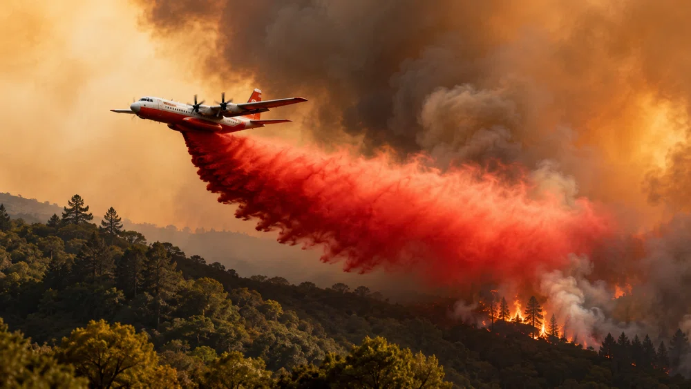 Avión lanzando 'agua roja' retardante sobre un incendio forestal
