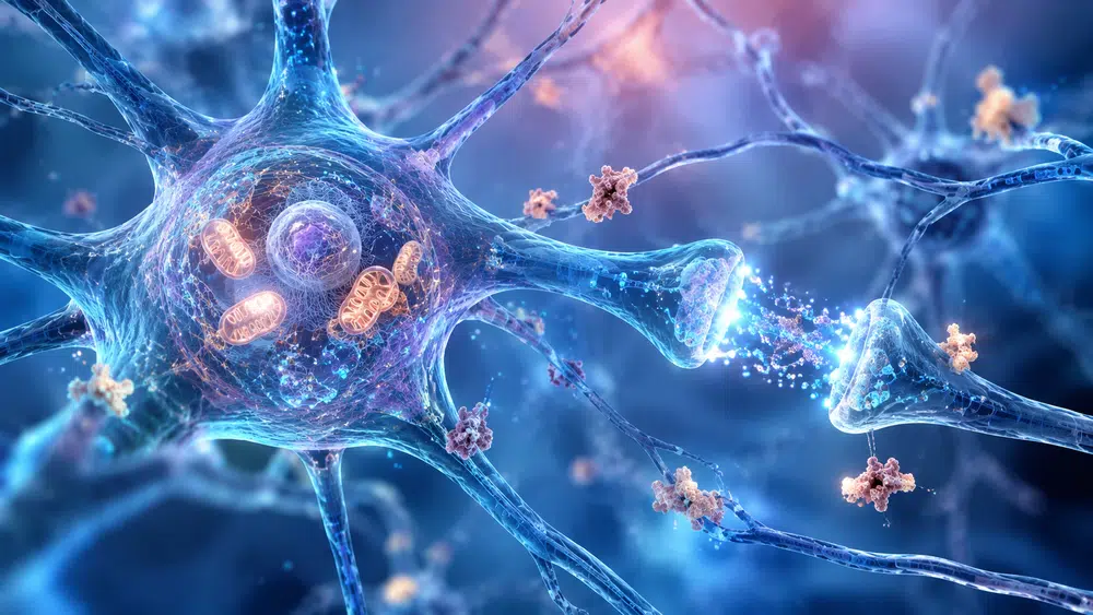 Ilustración de neuronas con mitocondrias y cúmulos de la proteína GRK2 asociados al Alzheimer