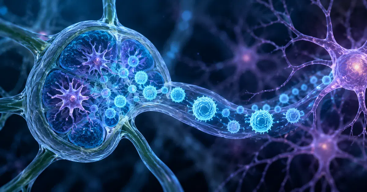 Ilustración de linfocitos T azules saliendo de un ganglio linfático y desplazándose hacia el tejido cerebral