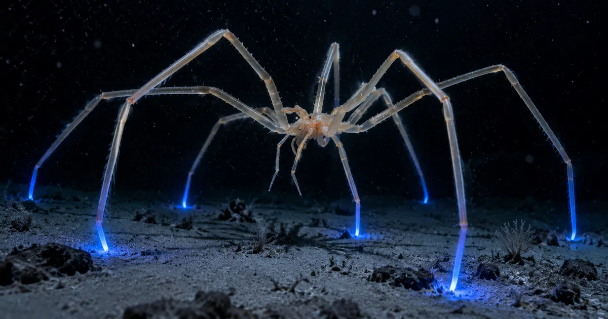 Araña marina gigante de cuerpo diminuto y ocho patas larguísimas translúcidas, de pie sobre el sedimento claro del fondo abisal, con las puntas de las patas encendidas en azul intenso en la oscuridad
