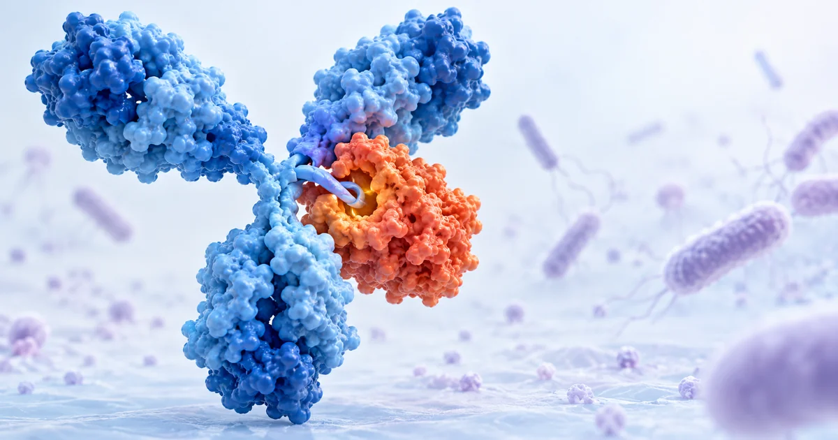 Recreación molecular de una enzima bacteriana que sujeta un anticuerpo en forma de Y por su bisagra, a punto de separar sus brazos del tronco