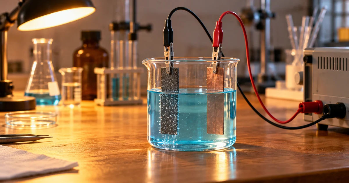 Recreación de una electrodeposición en laboratorio: dos electrodos sumergidos en un vaso con una disolución azul y conectados a una fuente