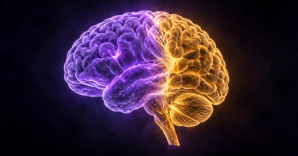 Ilustración de un cerebro humano dividido en dos mitades de distinto color, la delantera y la trasera, sobre fondo oscuro
