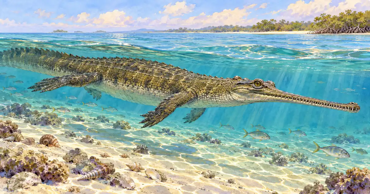 Recreación de Herugavialis cairensis, un gavial de hocico largo y estrecho, nadando en un mar tropical poco profundo del Eoceno