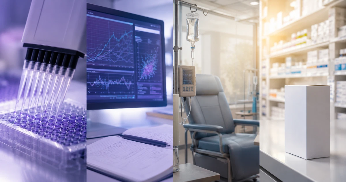 Cuatro etapas del desarrollo de un fármaco: pipeteo en laboratorio, análisis de datos, sala de infusión y caja en farmacia
