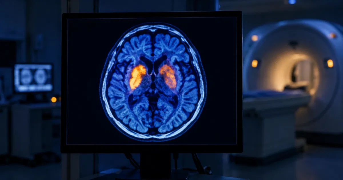 Pantalla de un hospital con un PET de cerebro en tonos azules y dos regiones profundas iluminadas en naranja, con el escáner desenfocado al fondo