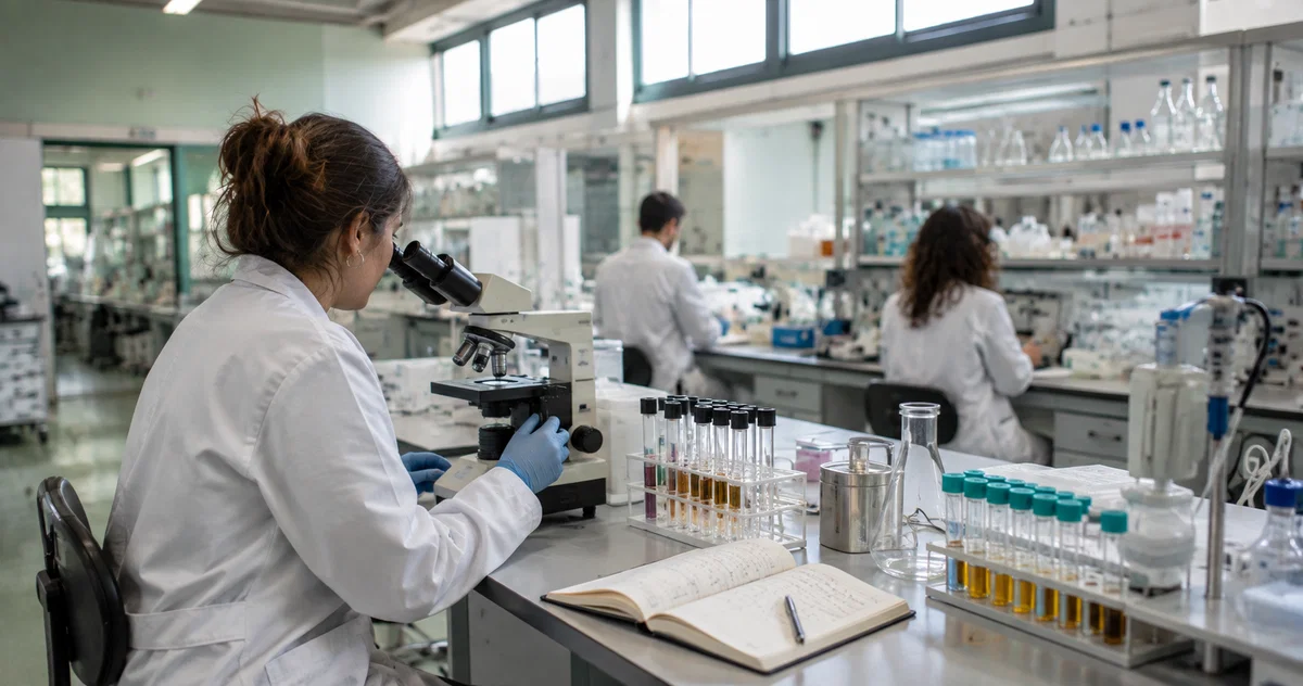 Investigadora observando por el microscopio en un laboratorio público, con gradillas de tubos y cuaderno de laboratorio