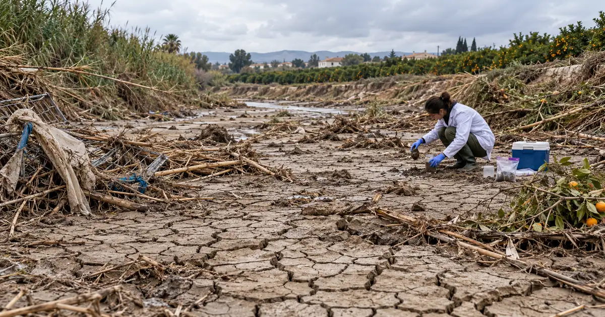 Recreación de un barranco de la huerta valenciana con barro seco agrietado y restos arrastrados por la riada, junto a una investigadora tomando muestras