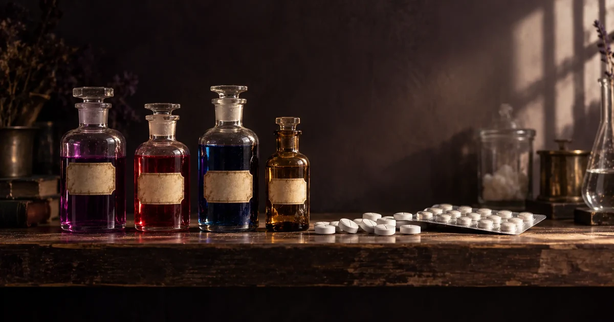 Frascos de farmacia antiguos con colorantes morado, rojo, azul y ámbar junto a comprimidos blancos y un blíster sobre una mesa de madera