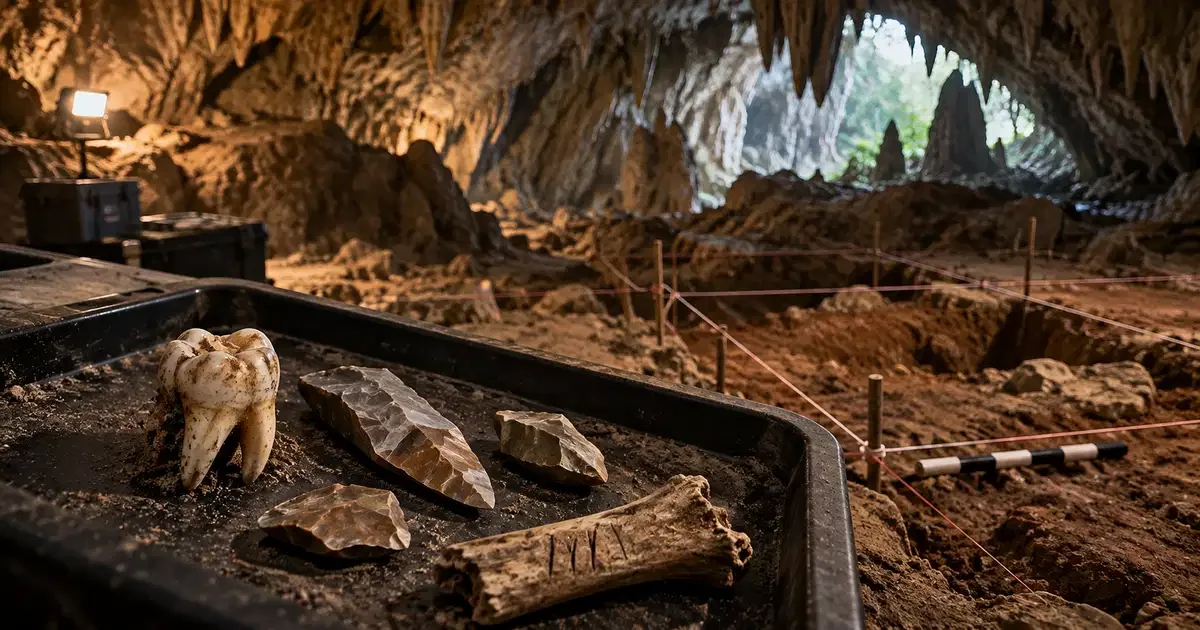 Bandeja de excavación con un molar fósil, tres herramientas de piedra tallada y un hueso con marcas de corte, ante una cuadrícula de cuerdas y una escala métrica en el suelo de una cueva kárstica con estalactitas