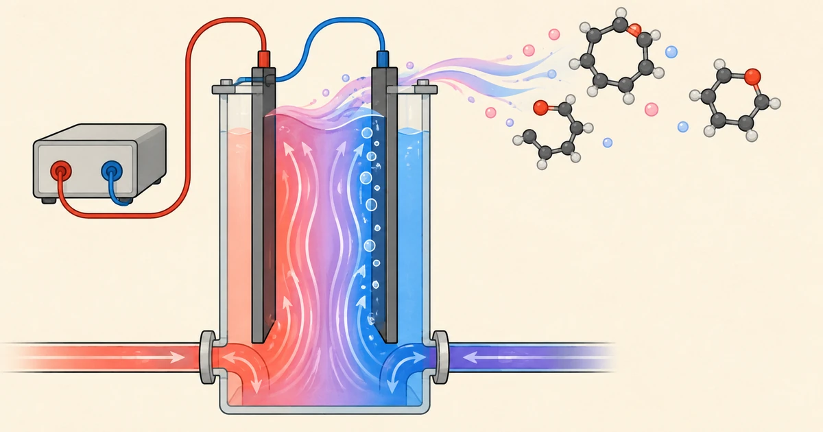 Ilustración esquemática de un reactor electroquímico de flujo con dos electrodos planos muy próximos y un líquido que pasa del rojo al azul entre ellos