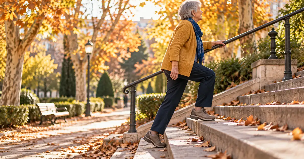 Una mujer mayor sube con paso firme una escalinata de piedra en un parque otoñal, con la rodilla en primer plano