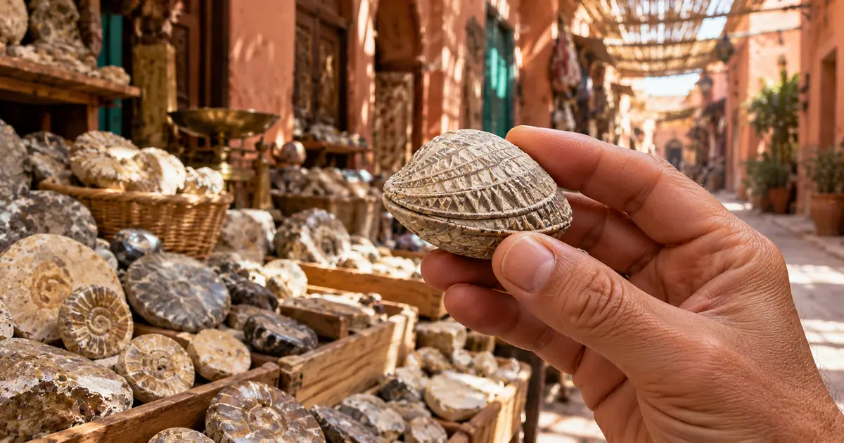 Recreación de un puesto del zoco de Marrakech con cestos de fósiles y una mano que sostiene un pequeño bivalvo fósil tallado en relieve
