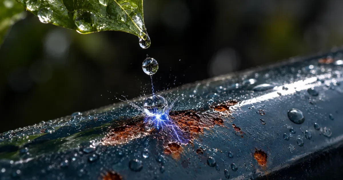 Macrofotografía de una gota que cae desde la punta de una hoja verde e impacta en una barandilla metálica pintada de azul oscuro, con una chispa eléctrica azulada en el punto de contacto y manchas de óxido alrededor