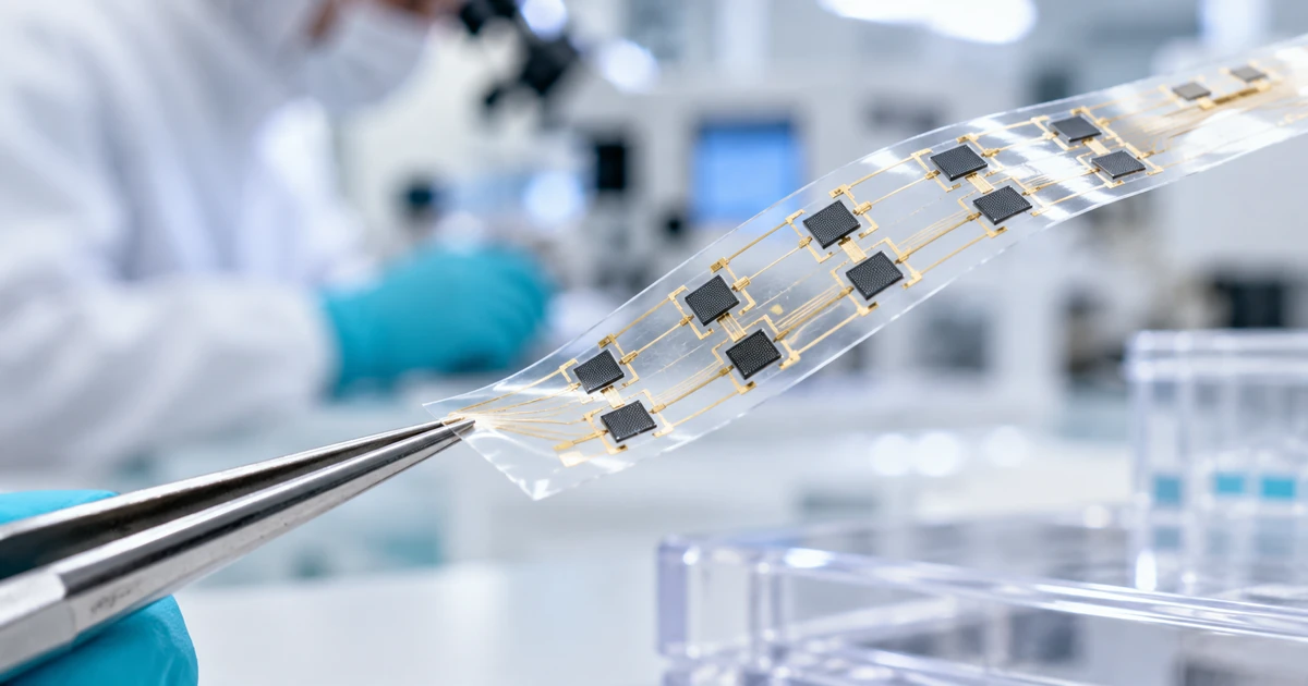 Recreación de una lámina flexible y transparente con microsensores de grafeno y pistas de oro, sujeta con unas pinzas en un laboratorio