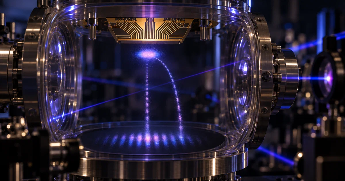 Cámara de vacío de vidrio y acero con un chip atómico dorado en la parte superior; bajo él, una nube luminosa de átomos se divide en dos trayectorias, una vertical y otra en arco, que forman franjas de interferencia en la base, cruzada por haces láser azules