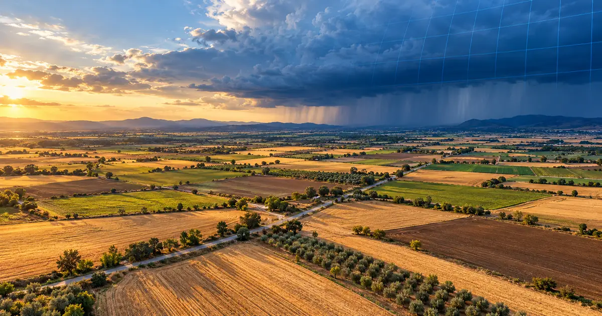 Vista aérea de campos de cultivo al atardecer con un frente de tormenta acercándose en el horizonte