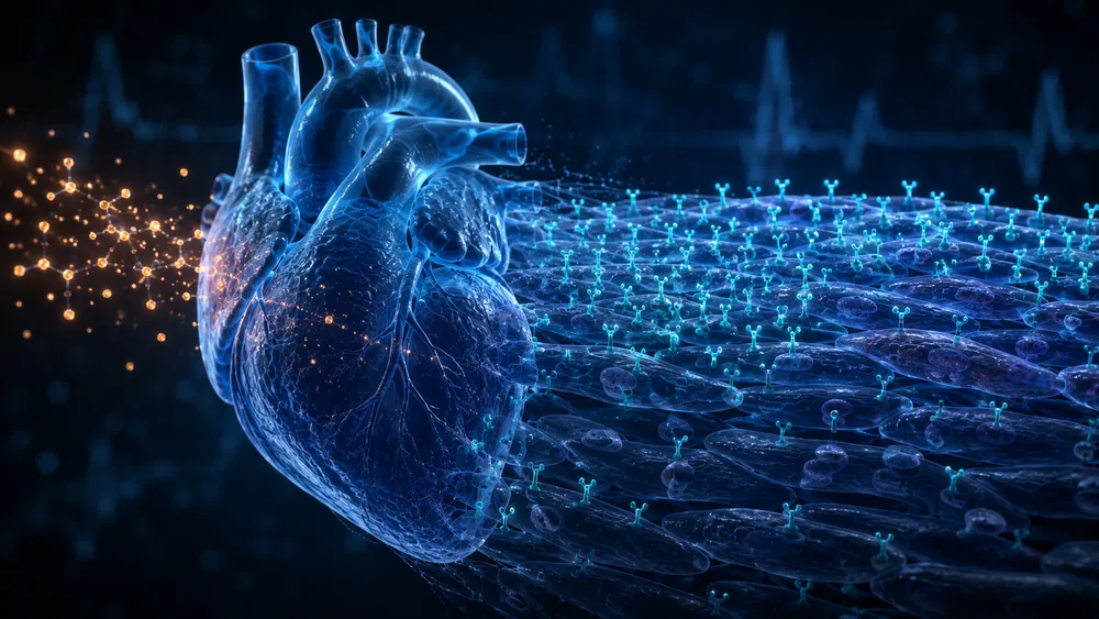 Corazón humano que se disuelve en células del músculo cardíaco con los receptores beta-adrenérgicos iluminados en su superficie, alcanzado por partículas de adrenalina