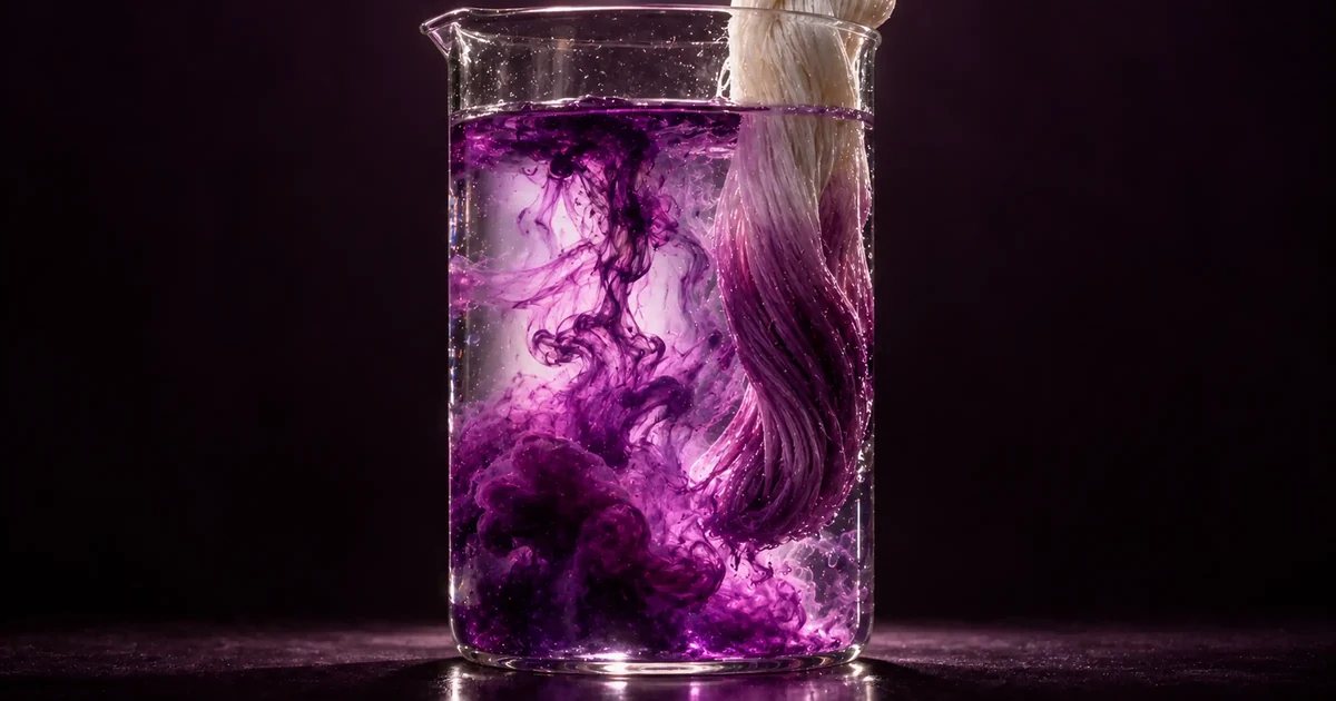 Tinte malva difundiéndose en el agua de un vaso de precipitados, con una madeja de seda sumergida que se tiñe de púrpura
