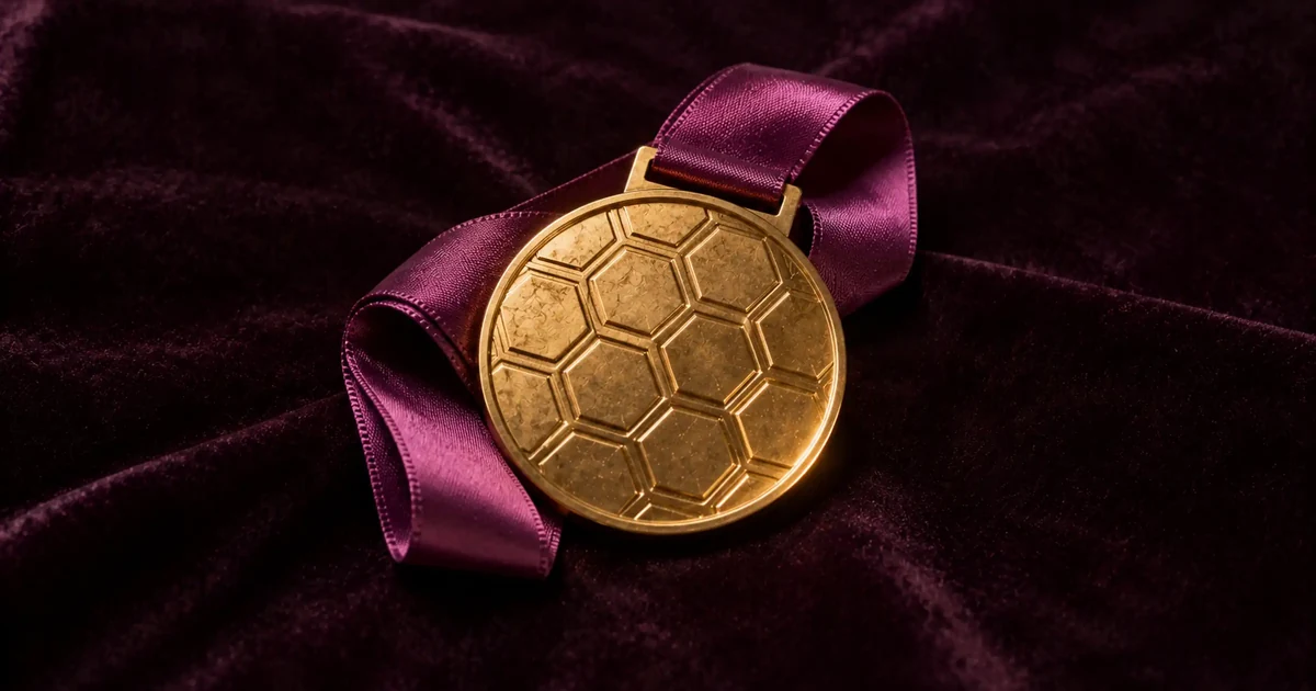 Medalla dorada con relieve de anillos hexagonales sobre terciopelo granate, con una cinta de seda malva