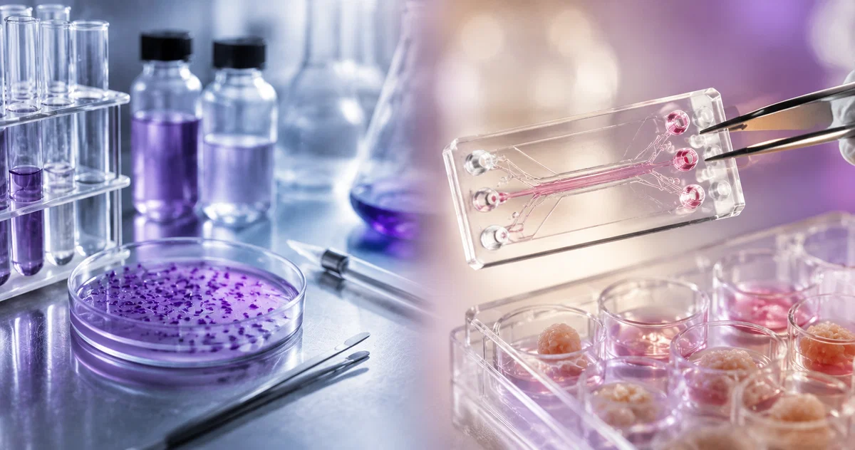 Material clásico de laboratorio con placa de cultivo frente a un órgano en chip y una placa con organoides