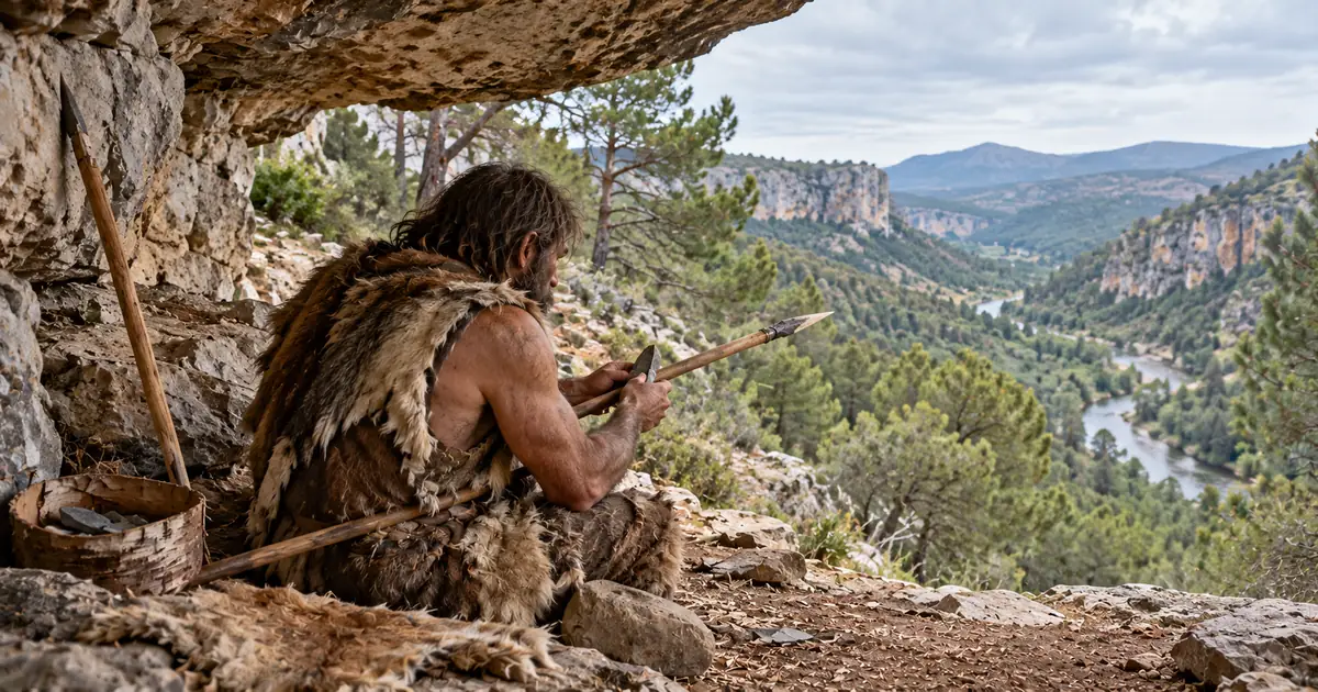 Recreación de un neandertal afilando una lanza de madera bajo un abrigo rocoso como el Abric Romaní, junto a un recipiente de corteza