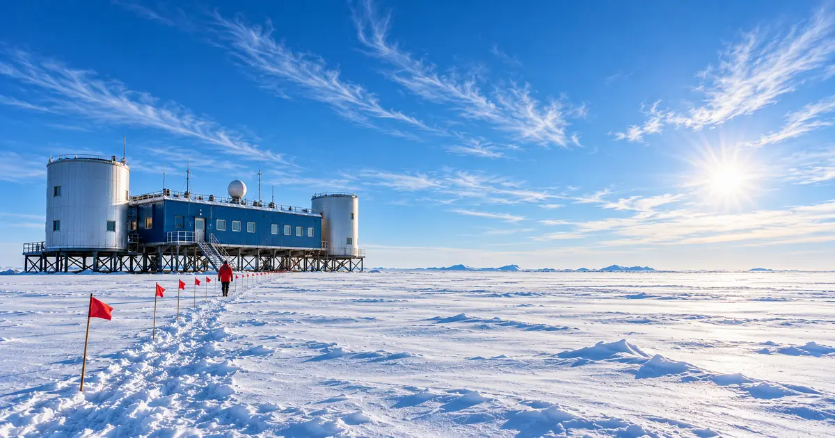 Recreación del laboratorio de IceCube en el Polo Sur: un edificio azul con dos torres sobre el hielo antártico y un camino de banderas rojas