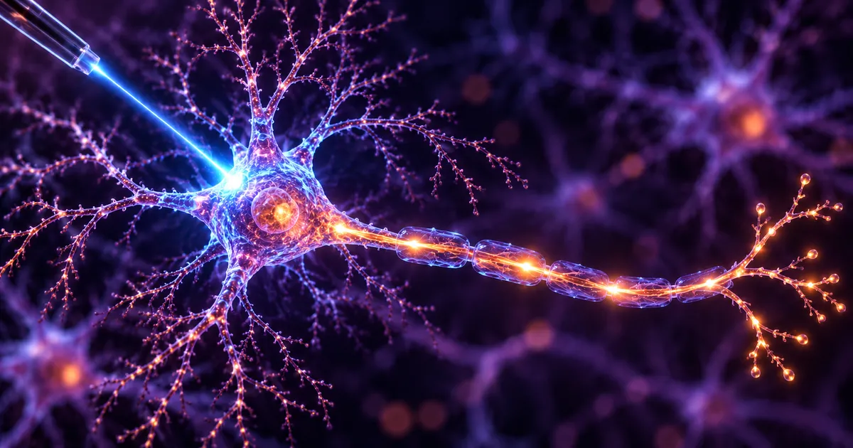 Ilustración de una neurona a la que un haz de luz azul procedente de una fibra óptica activa, con un impulso que recorre su axón