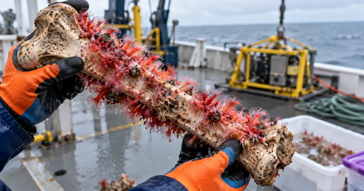 Recreación de unas manos con guantes sosteniendo un hueso cubierto de diminutos gusanos rojos en la cubierta de un buque oceanográfico