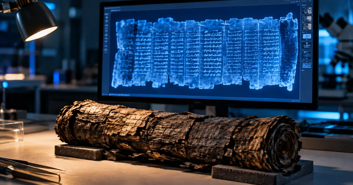 Rollo de papiro carbonizado y frágil sobre una mesa de laboratorio, iluminado por una luz azulada, con una reconstrucción digital del texto proyectada al lado