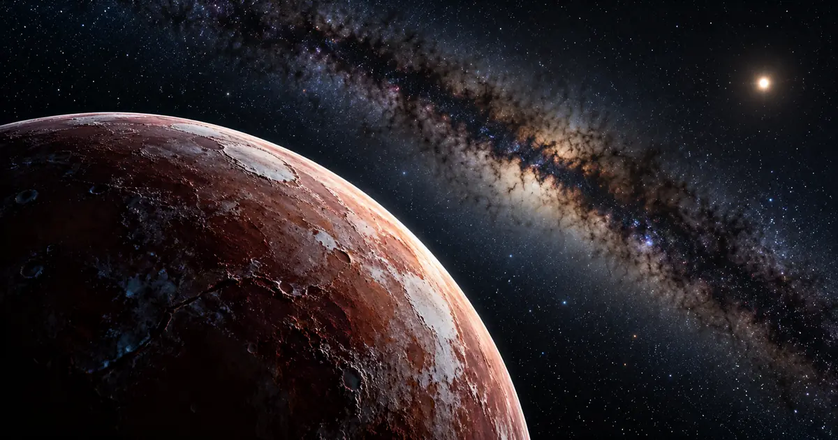 Recreación de un pequeño mundo helado de color rojizo en los confines del sistema solar, con el Sol reducido a una estrella brillante al fondo