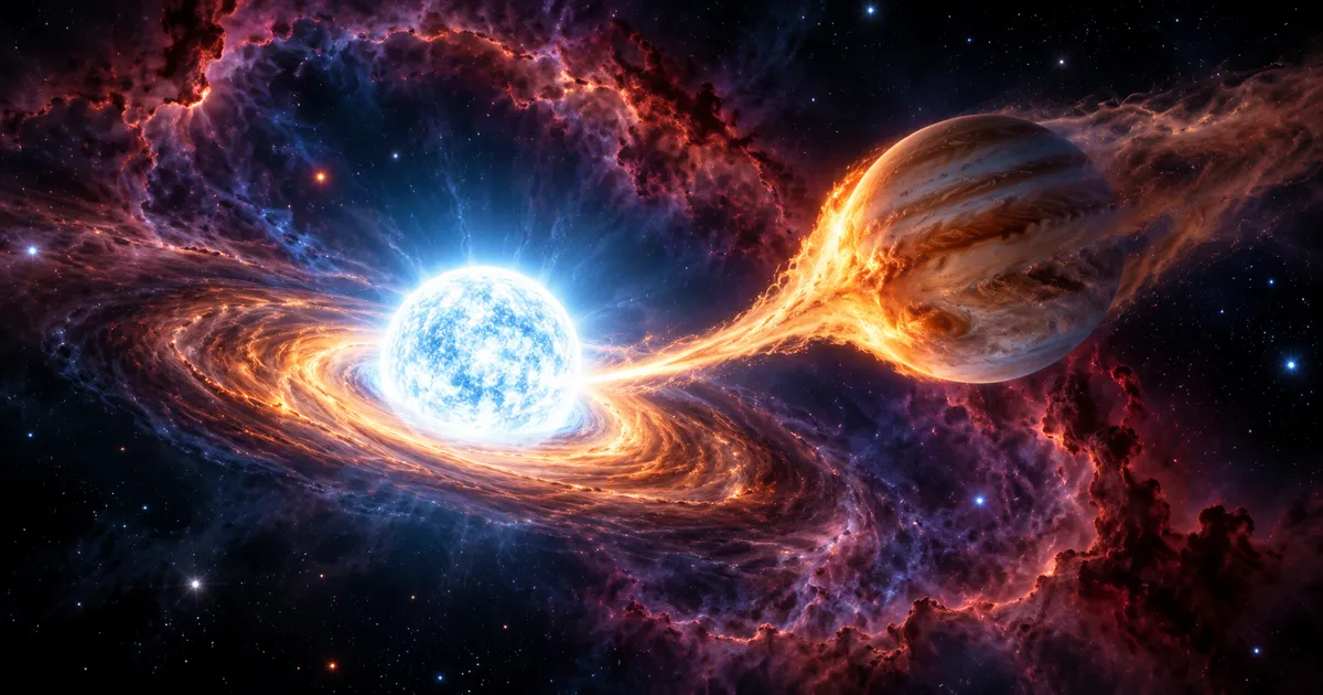 Ilustración de una enana blanca que arranca en espiral el gas de un planeta gigante gaseoso, rodeados por una nebulosa rojiza