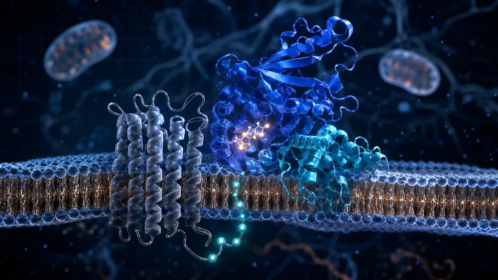 Estructura tridimensional de la proteína GRK2 fosforilando un receptor acoplado a proteína G en la membrana celular