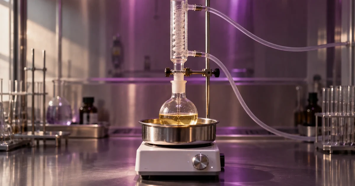 Matraz de fondo redondo con líquido amarillo calentándose bajo un refrigerante de vidrio en un laboratorio iluminado con luz malva