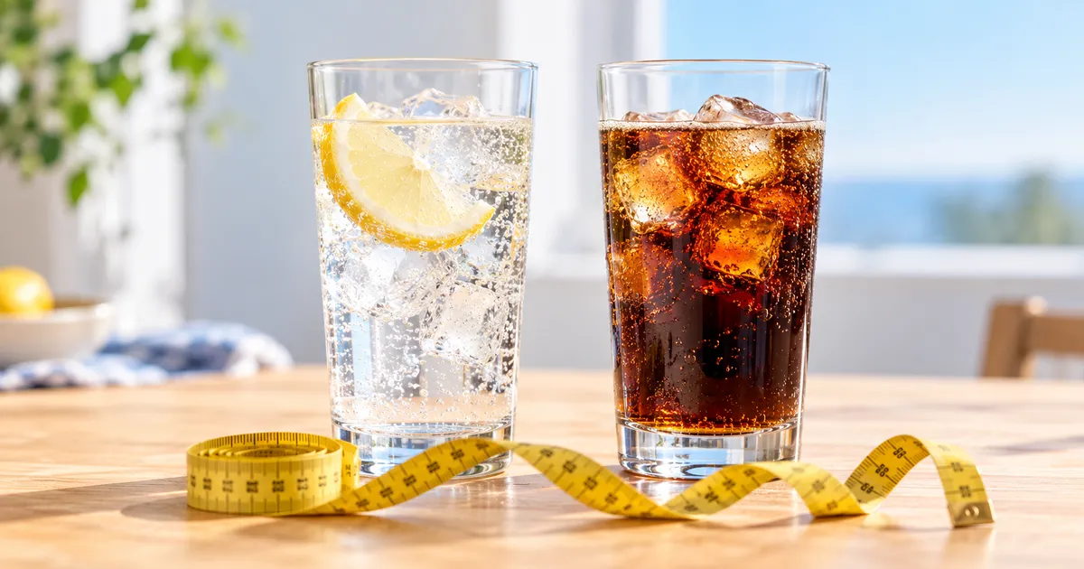 Un vaso de agua con gas y limón junto a un vaso de refresco de cola con hielo y una cinta métrica sobre una mesa de madera