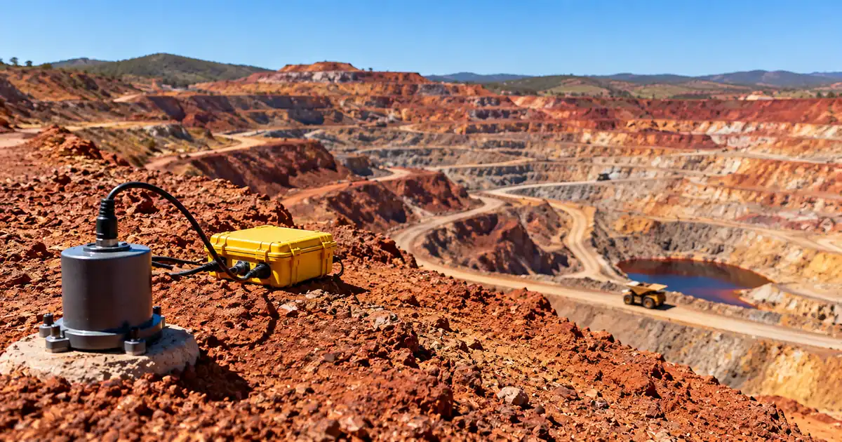 Recreación de un sismómetro con su caja de registro amarilla sobre tierra rojiza, con la mina a cielo abierto de Riotinto al fondo