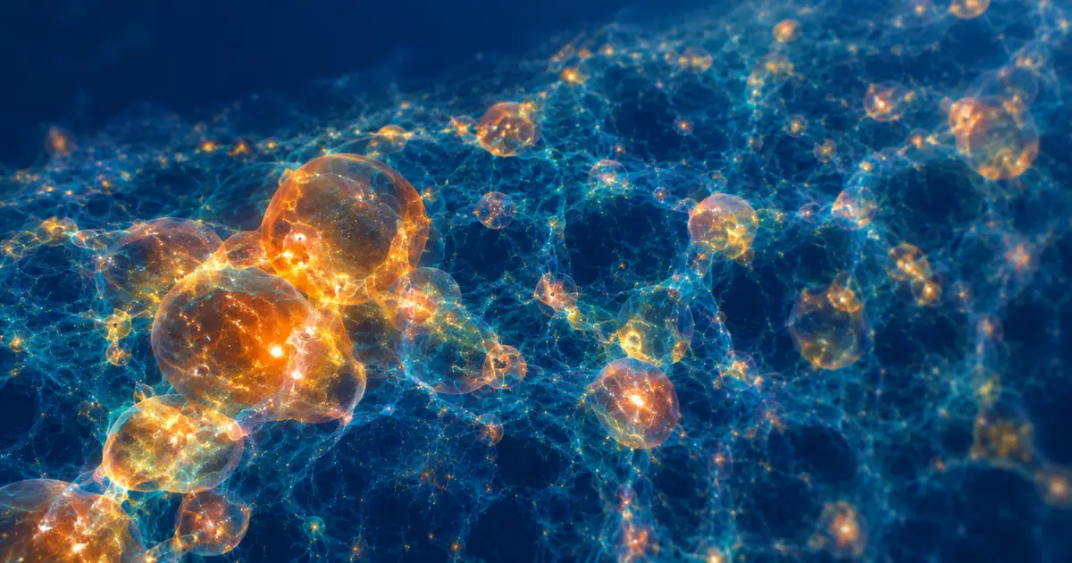 Recreación de una red cósmica de filamentos de gas con burbujas luminosas de gas ionizado alrededor de las primeras galaxias