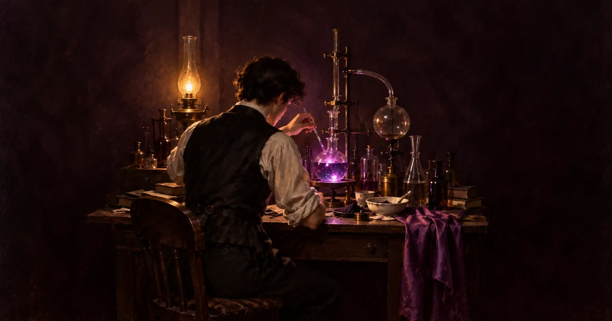 Pintura de un joven químico victoriano de espaldas, de noche, con un matraz de líquido malva iluminado sobre la mesa de su laboratorio