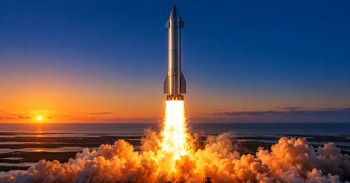 El cohete Starship despegando al amanecer desde su plataforma con una gran columna de llamas y humo