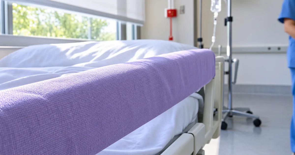 Barandilla de una cama de hospital cubierta con una funda de algodón de tono lila iluminada por la luz de una ventana