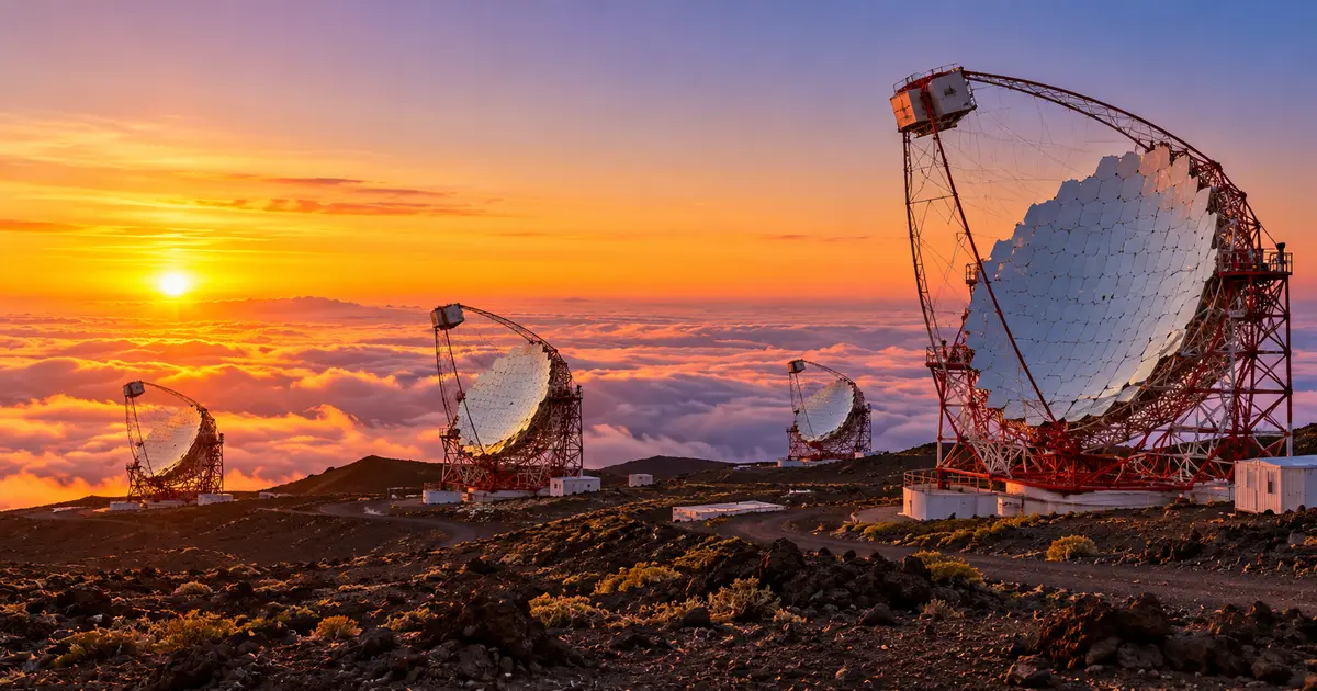 Recreación de los cuatro telescopios LST del CTAO en el Roque de los Muchachos (La Palma), sobre el mar de nubes al atardecer