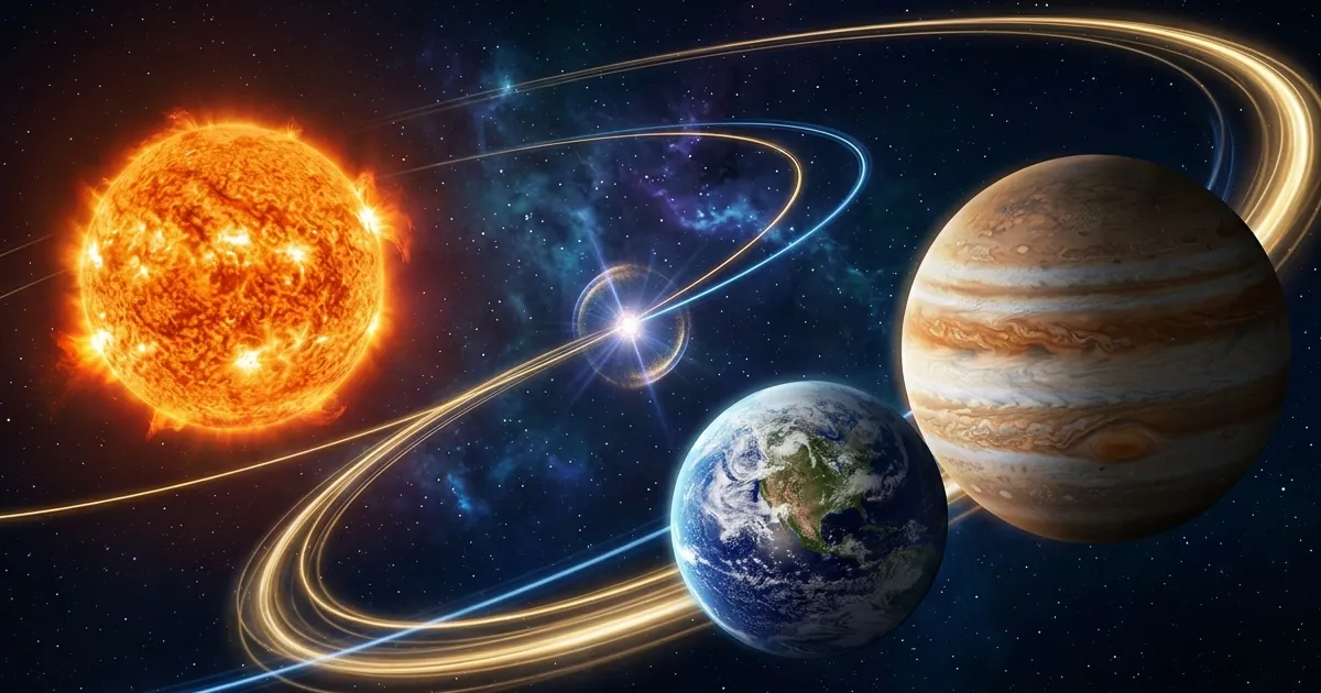 Ilustración del baricentro del sistema solar con la Tierra, el Sol y Júpiter