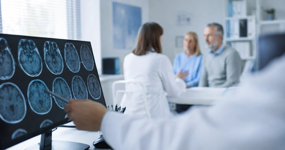 Consulta de neurología: cortes de resonancia cerebral en pantalla mientras la médica atiende a una pareja mayor