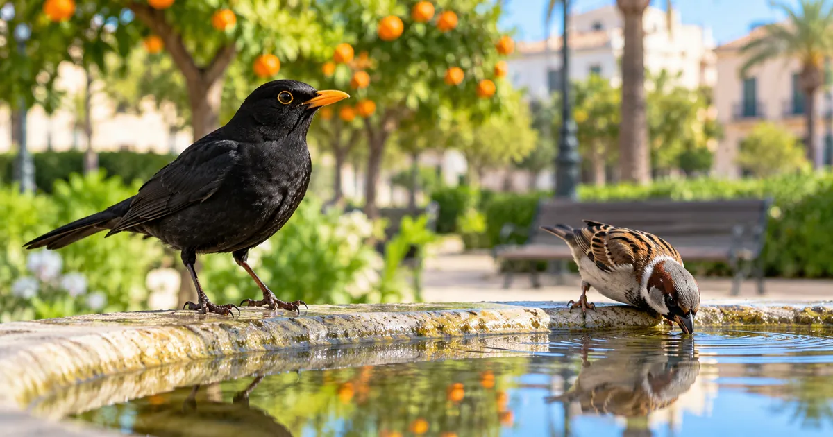 Un mirlo macho y un gorrión común posados en el borde de una fuente de un parque urbano a plena luz del día